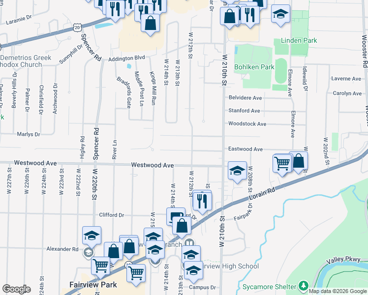 map of restaurants, bars, coffee shops, grocery stores, and more near 21365 Northwood Avenue in Fairview Park