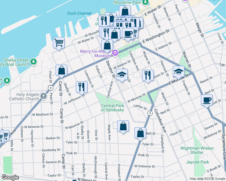 map of restaurants, bars, coffee shops, grocery stores, and more near 508 Central Avenue in Sandusky