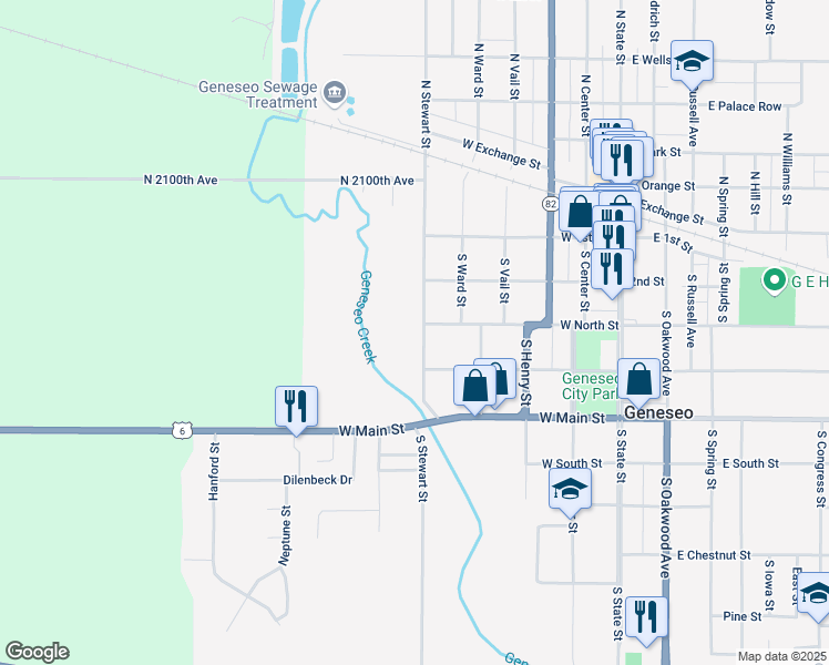 map of restaurants, bars, coffee shops, grocery stores, and more near 301 South Stewart Street in Geneseo