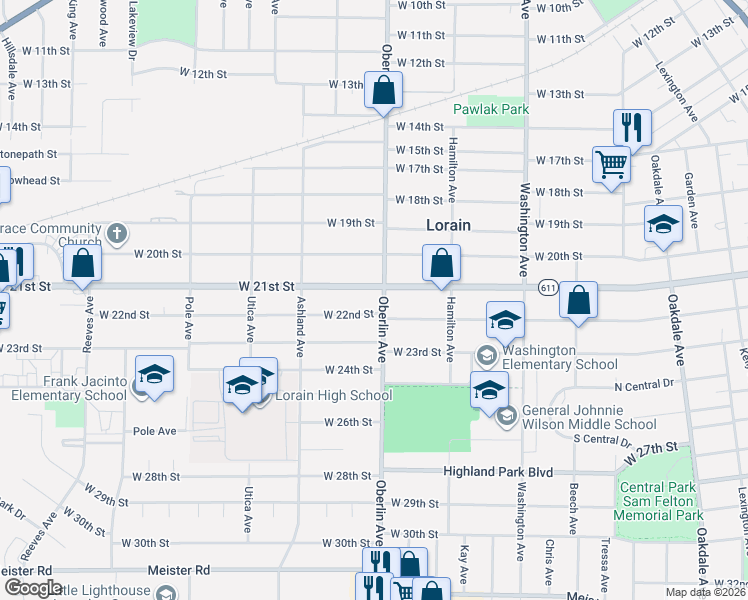 map of restaurants, bars, coffee shops, grocery stores, and more near 2035 Oberlin Avenue in Lorain