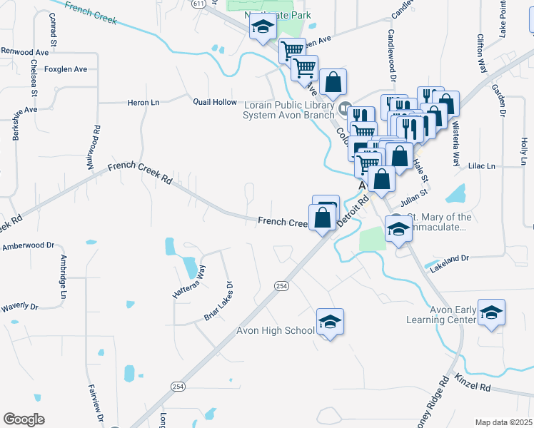 map of restaurants, bars, coffee shops, grocery stores, and more near 37598 French Creek Road in Avon
