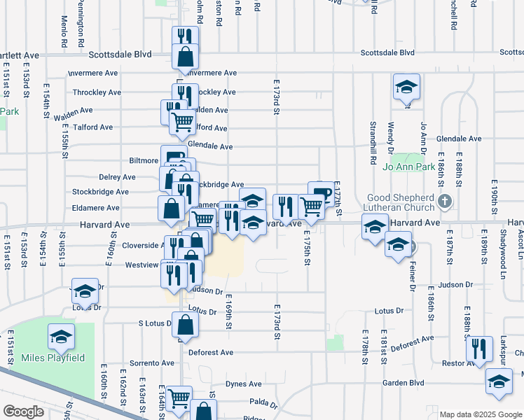 map of restaurants, bars, coffee shops, grocery stores, and more near 17207 Eldamere Avenue in Cleveland