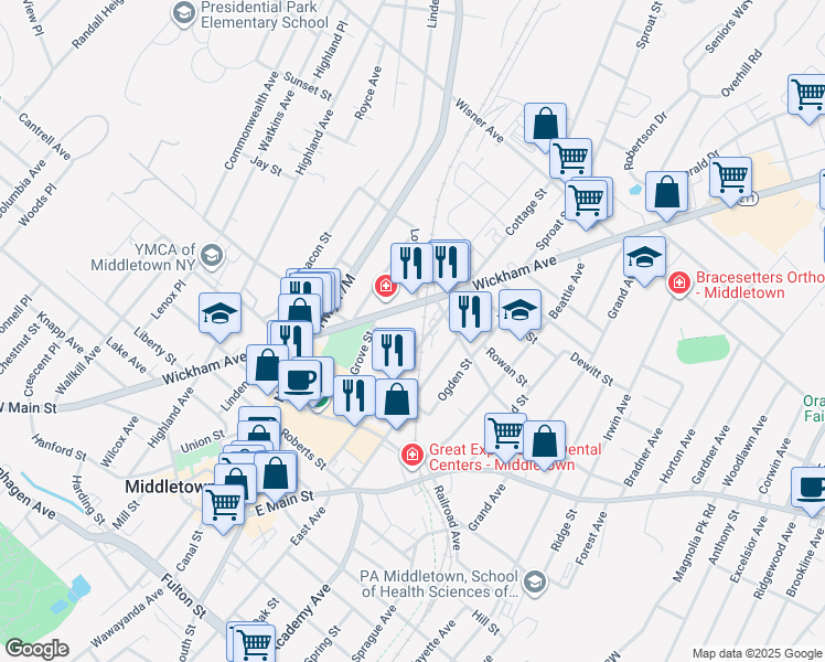 map of restaurants, bars, coffee shops, grocery stores, and more near 130-1/2 Wickham Avenue in Middletown