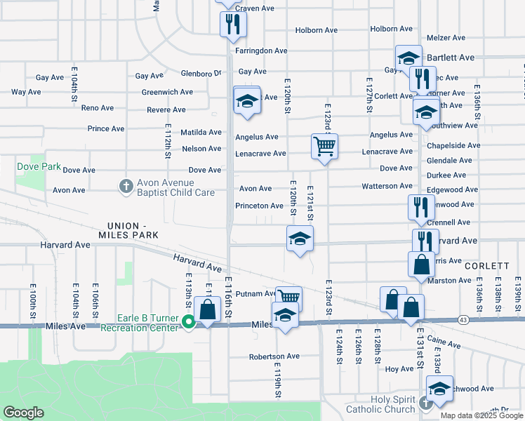 map of restaurants, bars, coffee shops, grocery stores, and more near 11705 Princeton Avenue in Cleveland