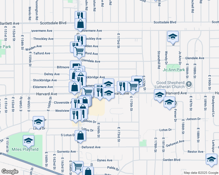 map of restaurants, bars, coffee shops, grocery stores, and more near 17003 Eldamere Avenue in Cleveland