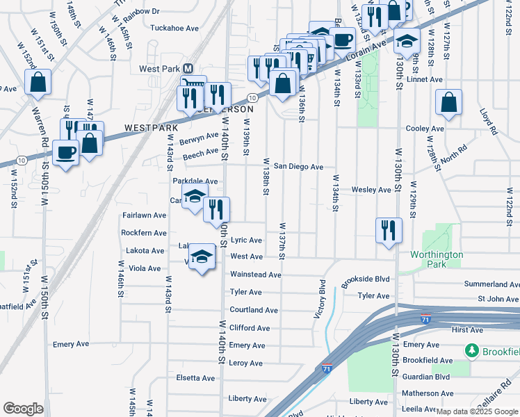 map of restaurants, bars, coffee shops, grocery stores, and more near 3769 West 138th Street in Cleveland