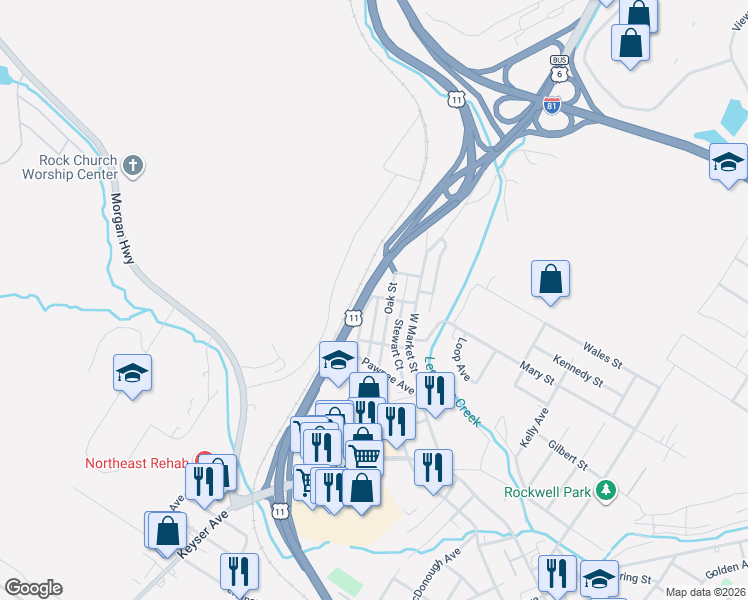 map of restaurants, bars, coffee shops, grocery stores, and more near N Scranton Expy in Scranton