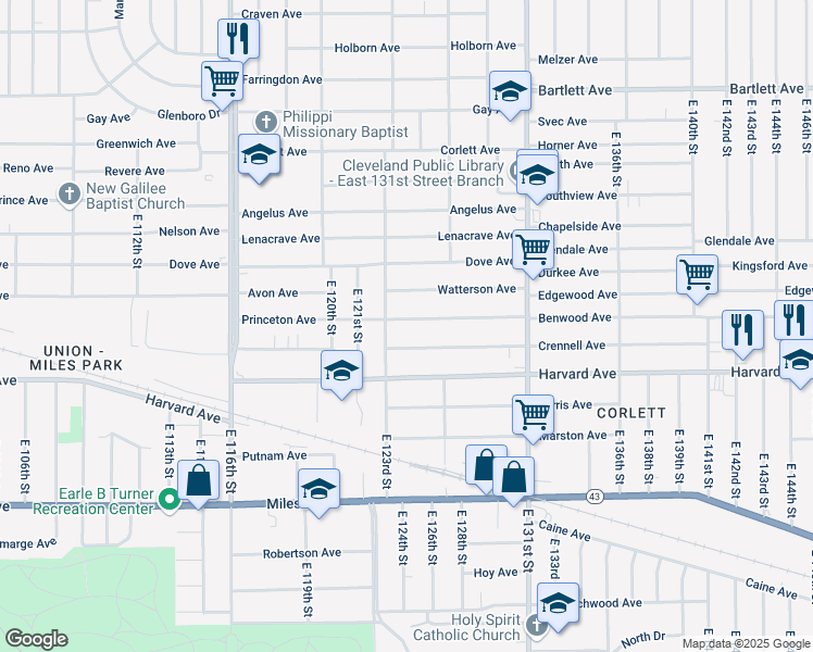 map of restaurants, bars, coffee shops, grocery stores, and more near 12402 Benwood Avenue in Cleveland
