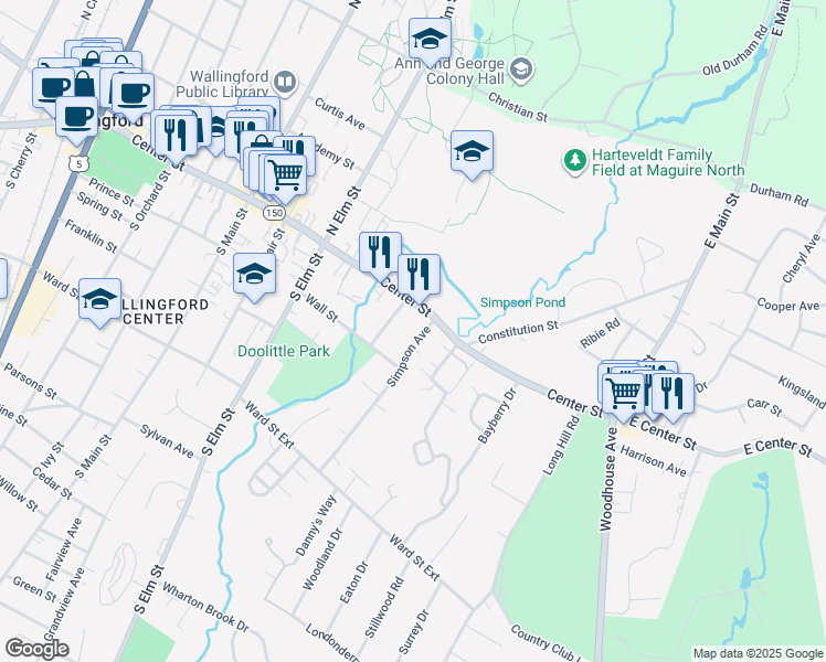 map of restaurants, bars, coffee shops, grocery stores, and more near 623 Center Street in Wallingford