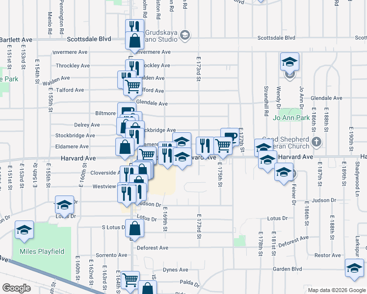 map of restaurants, bars, coffee shops, grocery stores, and more near 17003 Eldamere Avenue in Cleveland