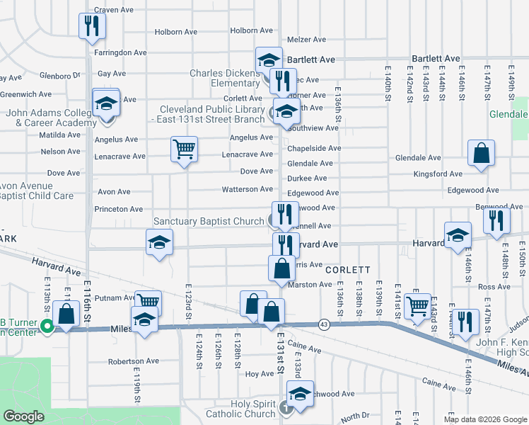 map of restaurants, bars, coffee shops, grocery stores, and more near 12813 Benwood Avenue in Cleveland