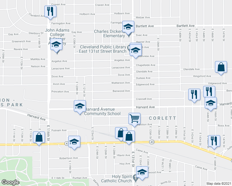 map of restaurants, bars, coffee shops, grocery stores, and more near 12703 Benwood Avenue in Cleveland