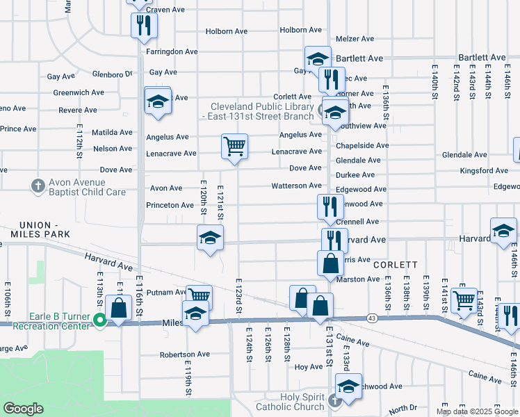 map of restaurants, bars, coffee shops, grocery stores, and more near 12417 Benwood Avenue in Cleveland