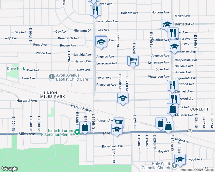 map of restaurants, bars, coffee shops, grocery stores, and more near 11705 Princeton Avenue in Cleveland
