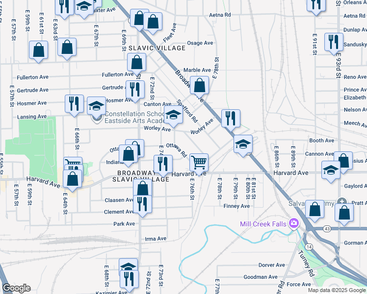 map of restaurants, bars, coffee shops, grocery stores, and more near 7622 Dercum Road in Cleveland