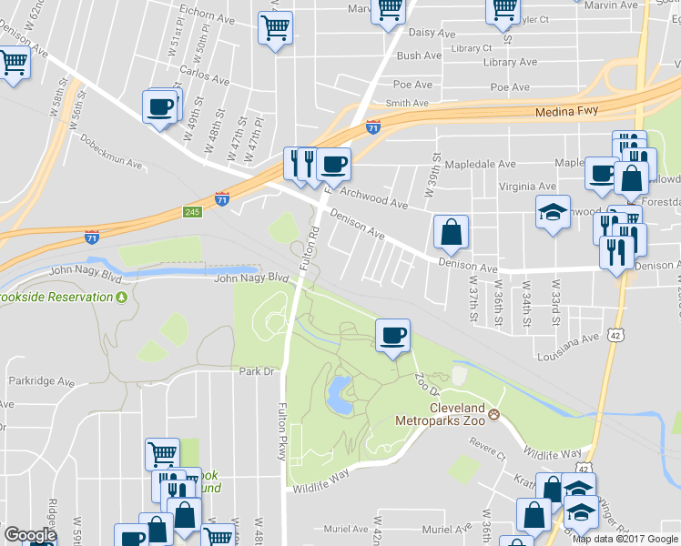 map of restaurants, bars, coffee shops, grocery stores, and more near 4349 Torwood Court in Cleveland