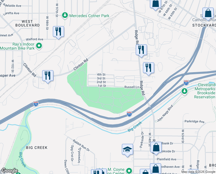 map of restaurants, bars, coffee shops, grocery stores, and more near 8222 2nd Street in Cleveland