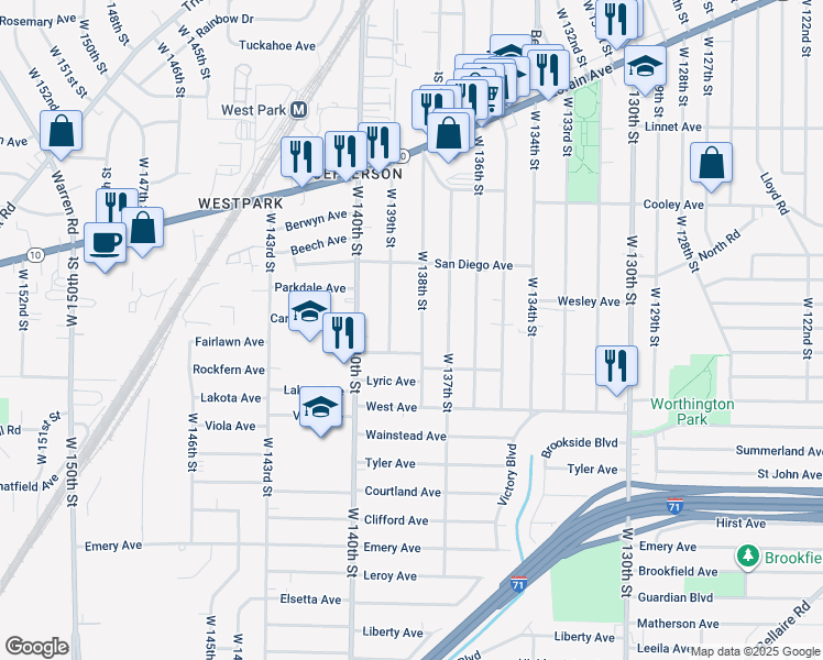 map of restaurants, bars, coffee shops, grocery stores, and more near 3769 West 138th Street in Cleveland