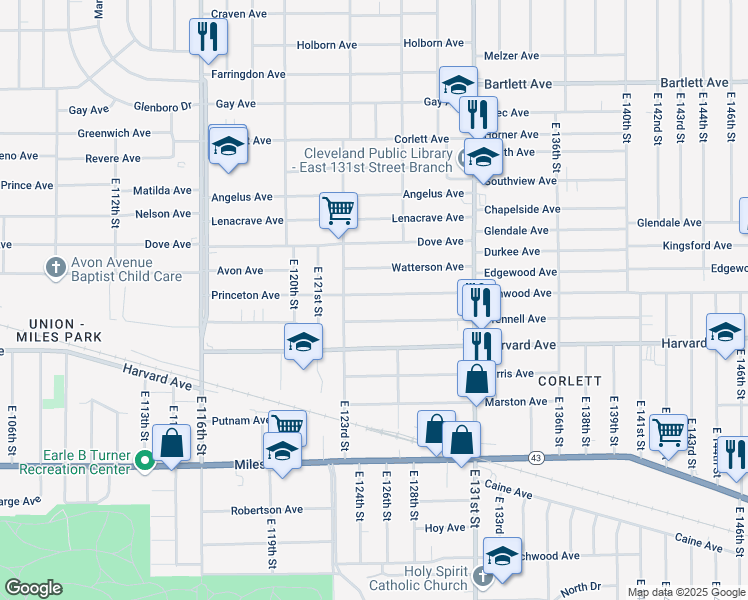 map of restaurants, bars, coffee shops, grocery stores, and more near 12417 Benwood Avenue in Cleveland