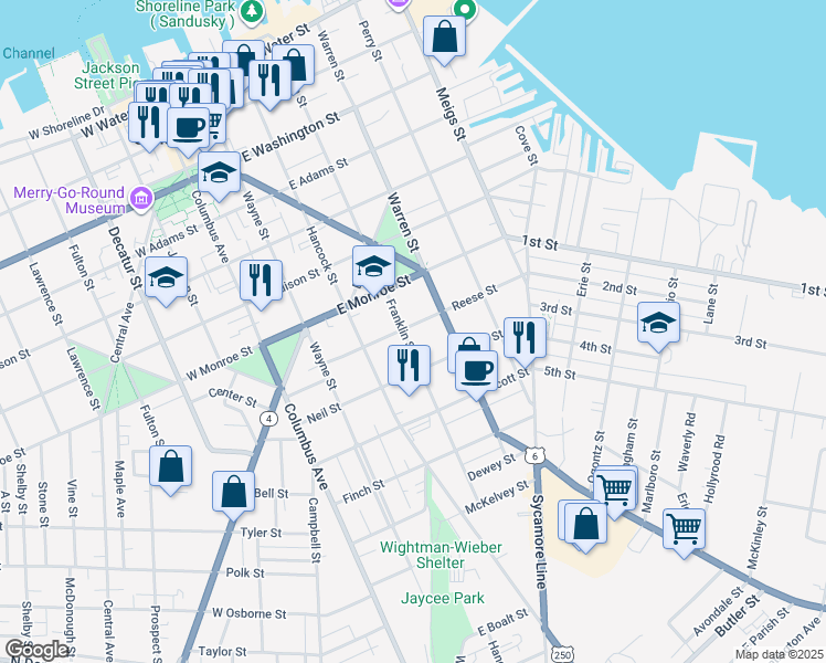 map of restaurants, bars, coffee shops, grocery stores, and more near 407 Reese Street in Sandusky