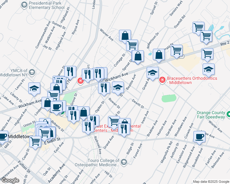 map of restaurants, bars, coffee shops, grocery stores, and more near 13 Albert Street in Middletown