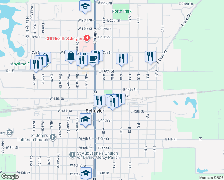 map of restaurants, bars, coffee shops, grocery stores, and more near 1449 B Street in Schuyler