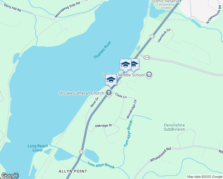 map of restaurants, bars, coffee shops, grocery stores, and more near 1860 Connecticut 12 in Ledyard