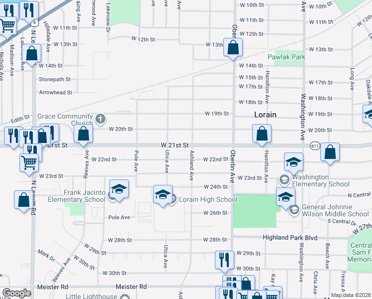 map of restaurants, bars, coffee shops, grocery stores, and more near 1416 West 21st Street in Lorain