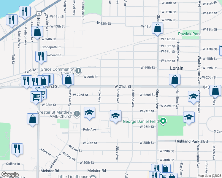 map of restaurants, bars, coffee shops, grocery stores, and more near 1523 West 21st Street in Lorain