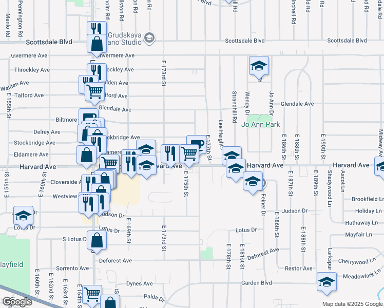 map of restaurants, bars, coffee shops, grocery stores, and more near 3994 East 176th Street in Cleveland