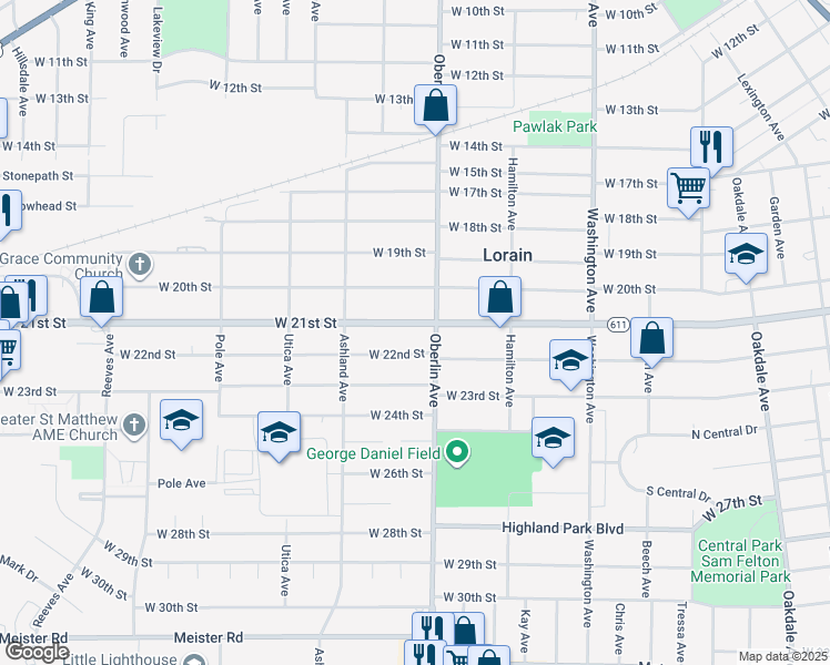 map of restaurants, bars, coffee shops, grocery stores, and more near 1226 West 21st Street in Lorain