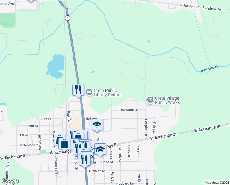 map of restaurants, bars, coffee shops, grocery stores, and more near 1 Rohe Lane in Crete