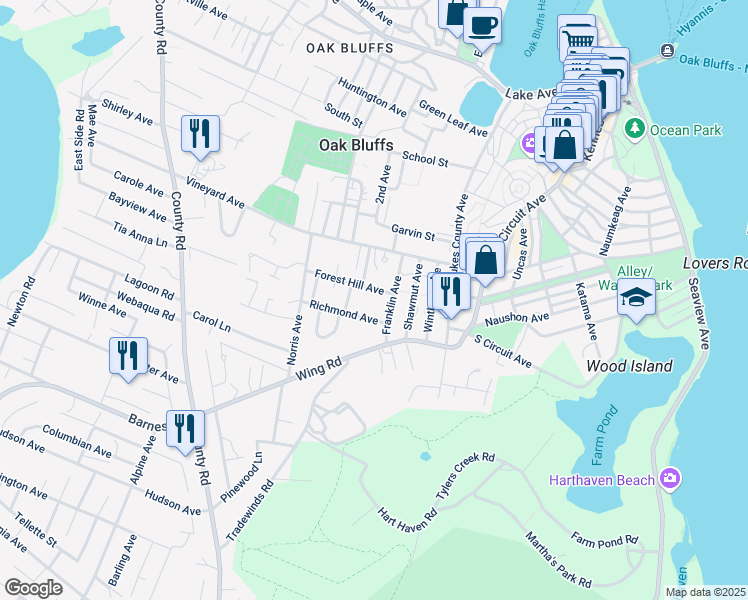 map of restaurants, bars, coffee shops, grocery stores, and more near 16 Forest Hill Avenue in Oak Bluffs