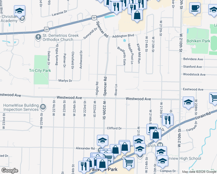 map of restaurants, bars, coffee shops, grocery stores, and more near 3975 Spencer Road in Rocky River