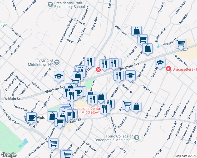 map of restaurants, bars, coffee shops, grocery stores, and more near 117 Wickham Avenue in Middletown