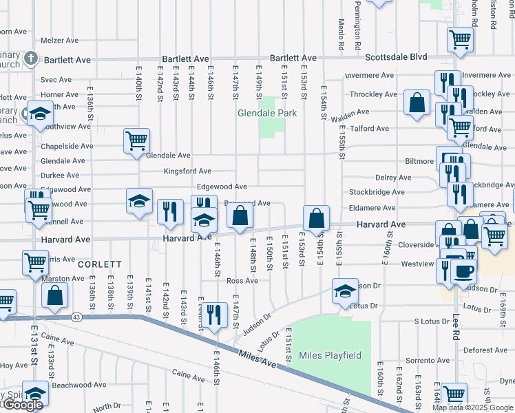 map of restaurants, bars, coffee shops, grocery stores, and more near 14727 Benwood Avenue in Cleveland