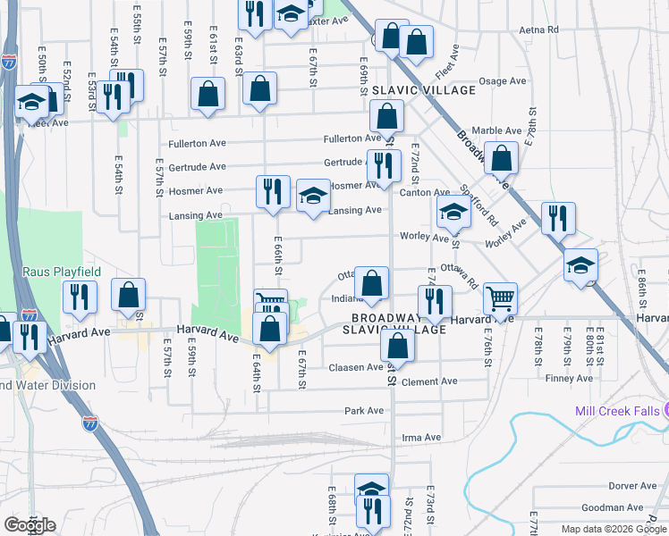 map of restaurants, bars, coffee shops, grocery stores, and more near 6726 Worley Avenue in Cleveland