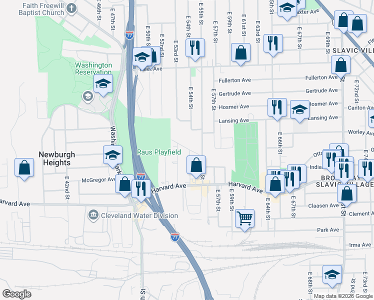 map of restaurants, bars, coffee shops, grocery stores, and more near 5313 Brow Avenue in Newburgh Heights