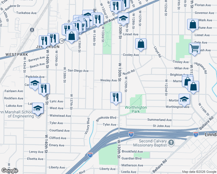 map of restaurants, bars, coffee shops, grocery stores, and more near 13211 Wesley Avenue in Cleveland