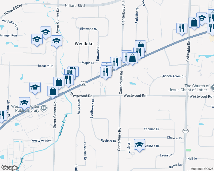map of restaurants, bars, coffee shops, grocery stores, and more near 26583 Center Ridge Road in Westlake