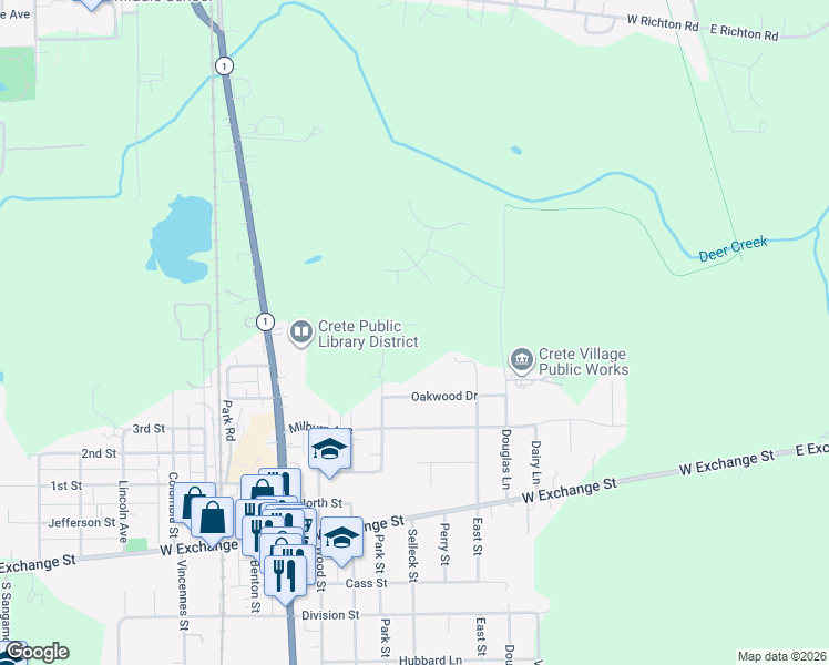 map of restaurants, bars, coffee shops, grocery stores, and more near 1 Rohe Lane in Crete