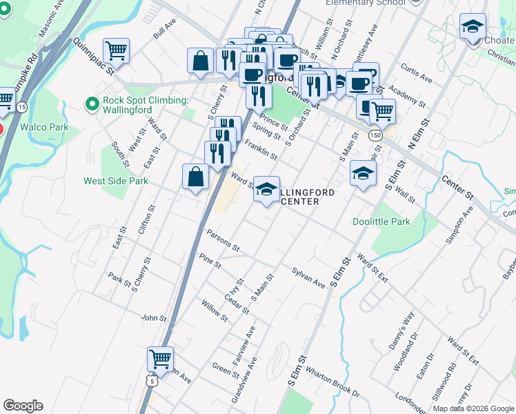 map of restaurants, bars, coffee shops, grocery stores, and more near 179 South Orchard Street in Wallingford