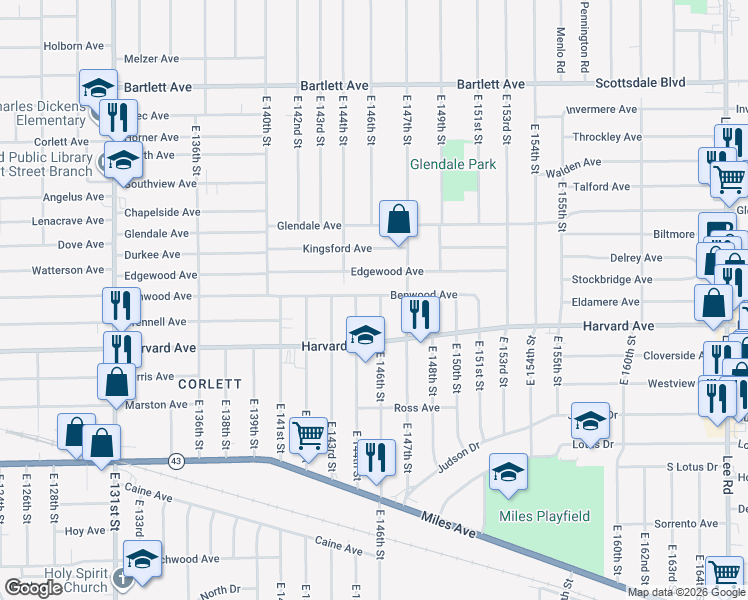 map of restaurants, bars, coffee shops, grocery stores, and more near 14405 Benwood Avenue in Cleveland