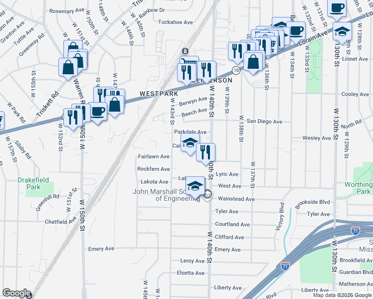 map of restaurants, bars, coffee shops, grocery stores, and more near 14116 Carrydale Avenue in Cleveland