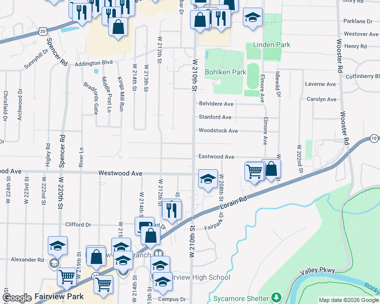 map of restaurants, bars, coffee shops, grocery stores, and more near 4130 West 210th Street in Fairview Park