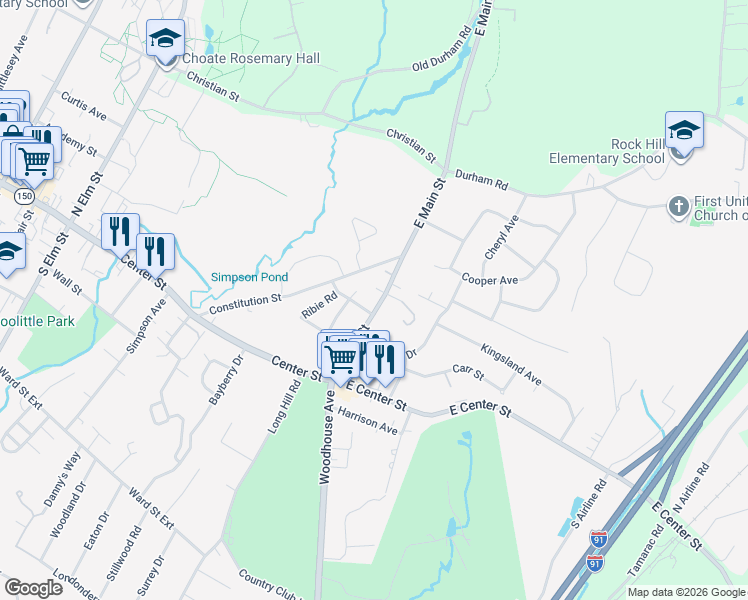 map of restaurants, bars, coffee shops, grocery stores, and more near 114 East Main Street in Wallingford