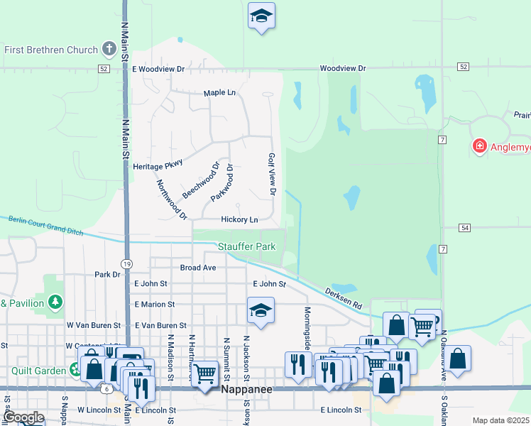 map of restaurants, bars, coffee shops, grocery stores, and more near 699 Forest Court in Nappanee