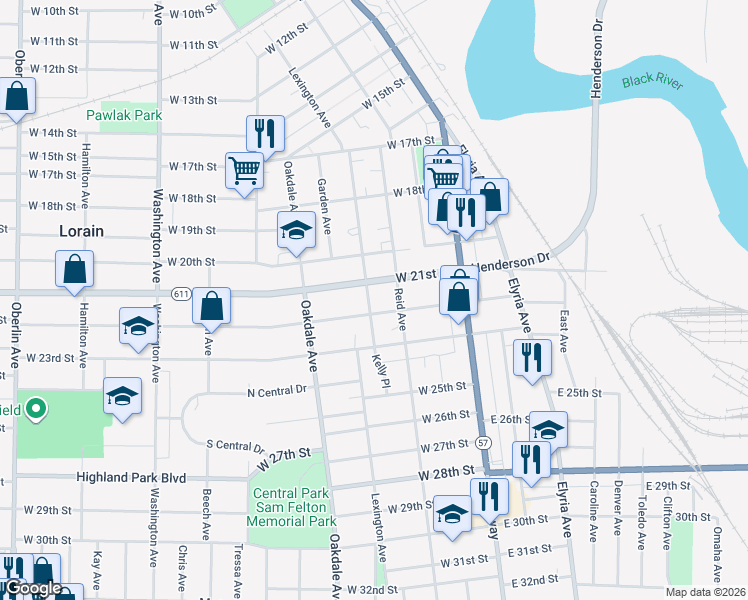 map of restaurants, bars, coffee shops, grocery stores, and more near 2139 Lexington Avenue in Lorain