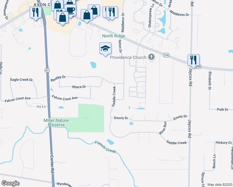 map of restaurants, bars, coffee shops, grocery stores, and more near 2654 Saddle Creek in Avon