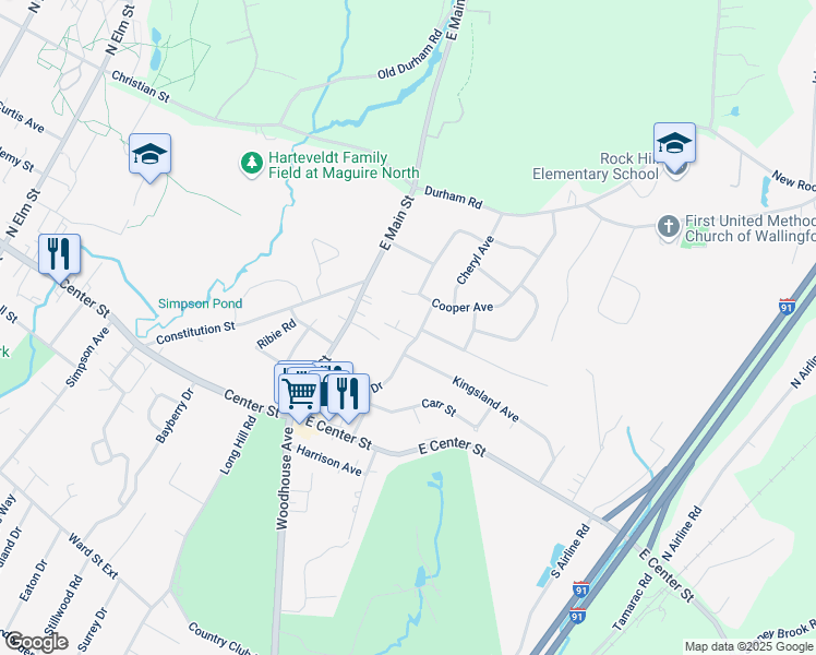 map of restaurants, bars, coffee shops, grocery stores, and more near 20 Orchard Lane in Wallingford